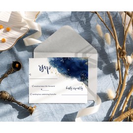 Paper Clever Party Blue RSVP Cards for Wedding Invitations with Envelopes Small Response Card All Occasions, Watercolor Gold Floral, 3.5x5, 25 Set