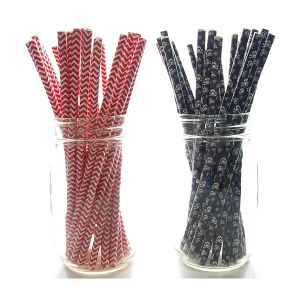 Pirate Party Straws, Skull & Crossbones Skeleton Straws (50 Pack) - Black & Red Halloween Pirate Birthday Party Supplies & Table Decorations, Halloween Paper Straws