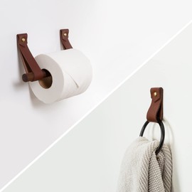 Leather & Wood Toilet Paper Holder + Hand Towel Ring hook wall strap modern powder room accessories set bathroom update easy installation