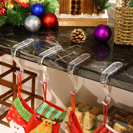 Christmas Stocking Holders Acrylic Stocking Hangers for Mantel Transparent Stocking Hangers Non Slip Fireplace Stockings Holders Clear Stocking Holder Hooks for Party Xmas Decor (8 Pieces)