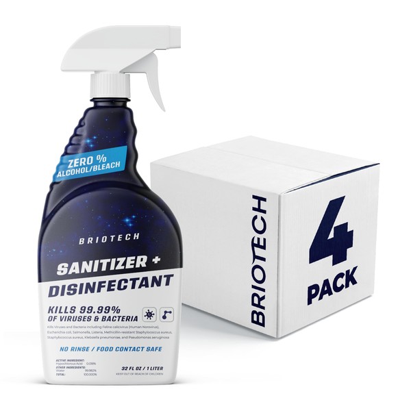 BRIOTECH Sanitizer + Disinfectant, Kills 99.99% of Viruses & Bacteria, HOCl Hypochlorous Spray, 0% Bleach, 0% Alcohol, Food Contact Safe, Eliminate Non-Living Allergens & Remove Pet Odor