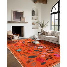 CRYPTOLITE Area Rug 9x12, Washable Large Rugs for Living Room, Non Slip 0.27" Low Pile Vintage Floral Large Carpet for Bedroom, Dining Room, Kids Playroom (Orange)