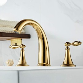 Beelee Gold Solid Brass Widespread Bathroom Faucet 3 Hole Two Handle Deck Mounted Faucet High Arc Lavatory Sink Taps with Ceramic Valve and 2 Hoses, Without Drain