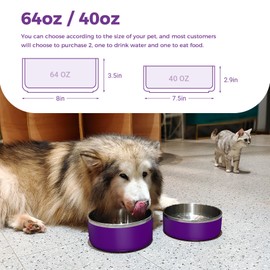 Dog Bowl, Stainless Steel Dog Food and Water Bowl with Non Slip Quiet Bottom, Easy to Clean, Dishwasher Safe, 40oz, Purple