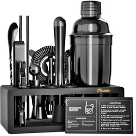 Black Stainless Steel Cocktail Shaker Set with Wood Stand - 15 Piece Bartender Kit with Drink Shaker, Bar Spoon, Jigger, Muddler, Strainer, Bottle Opener, Stopper, Pour Spout, Stirrers, Tongs, Recipes