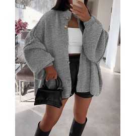 PRETTYGARDEN Women's Winter Button Down Cardigan Sweaters Mock Neck Lantern Long Sleeve Chunky Knit Jacket Trendy Outerwear (Grey,Large)