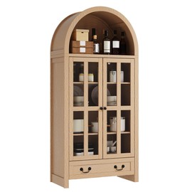 ChooChoo Arched Pantry Cabinet, Arched Bookcase with Adjustable Bookshelves and Drawers, 71" Tall Freestanding Storage Cabinet Natrual