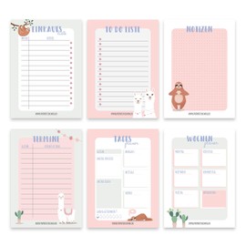 6 Notepads for Appointments, Weekly Planner, Daily Planner, To Do List, Shopping Lists and Notes - Daily Planner Sloth & Lama - Ideal for School, University and Household - Notepad Set 12 - DIN A6