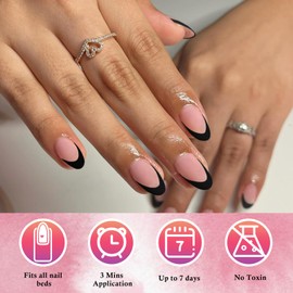 AddFavor French Tips Press on Nails Medium Oval Fake Nails, 120pcs Black French Nails Press on Oval Nude Acrylic Nails Full Matte Artificial False Glue Nail Tips with Adhesive Tabs