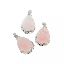 Unbranded Natural Rose Quartz Gemstone Teardrop Floral Pendant - GEM050