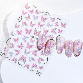 Colorful Butterfly Nail Stickers Butterflies Aurora Nail Art Sticker Pink Shell Butterfly Nail Decals 5D Embossed Shinning Glitter Bow Nail Art Design Salon Manicure Nail Decorations for Women Girl