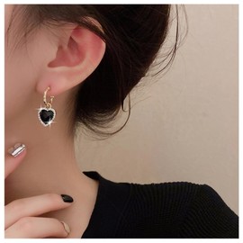 Allereya Vintage Crystal Onyx Heart Earrings Black Onyx Heart Dangle Earrings Black Puffy Heart Drop Earrings Gold CZ Hoop Huggie Earrings Jewellery for Women and Girls