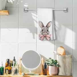 Liosei Pink Bow Rabbit Bunny Decorative Kitchen Towels and Dishcloths, Coquette Pink Bow Hand Towel, Easter Preppy Bunny Print Drying Cloth Hand Towels for Bathroom Kitchen Decor, 16×24Inches