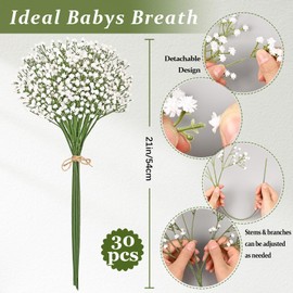 Artflower Babys Breath Artificial Flowers, 30Pcs Baby Breath Flowers Artificial Bulk, Fake White Gypsophila Babies Breath Real Touch Flowers for Wedding Bouquet Floral Arrangement Party Home Decor