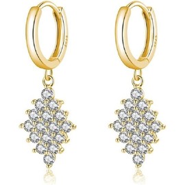 Diamond Shaped Dangle Earrings for Women Dangle Hoop Earrings Drop Prom Earrings Bridal Wedding Rhinestone Earrings (Golden, One size)