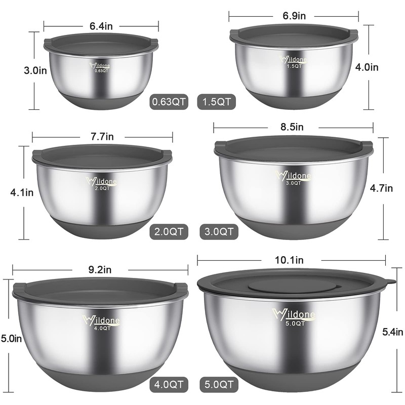 Wildone Mixing Bowls with Airtight Lids, 22 PCS Stainless Steel