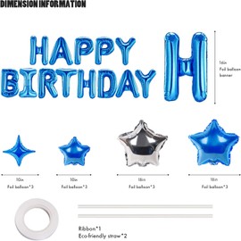 Lumjoy Happy Birthday Banner Set 13pcs 16 Inch Blue Foil Letter Balloons with 12 Star Balloons for Kids & Adults Party Decorations