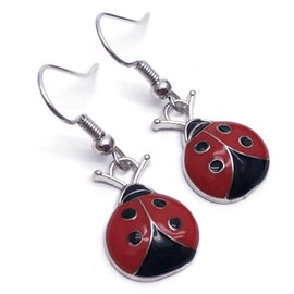 Ladybird Red and Black Enamel Charm Bead Earrings on Nickel Free Hooks : 34mm