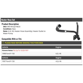 Marketplace Auto Parts Heater Hose Set (Heater Outlet to Water Pump) - Compatible with 1997-1998 Ford F-150 4.2L V6 (Up To 10/20/1997)