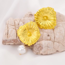Gold Flower Earings for Women Trendy Pearl Statement Gold Plated Earrings for Party