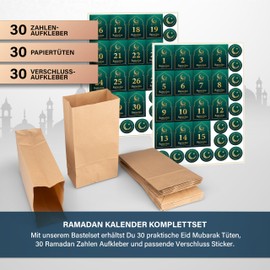 Ramadan Calendar for Filling - 30 Eid Mubarak Bags, Ramadan Number Stickers 1-30 and Closure Sticker - Ramadan Gifts Children and Adults - Ramadan Decoration with Eid Mubarak Sticker Gold - Green