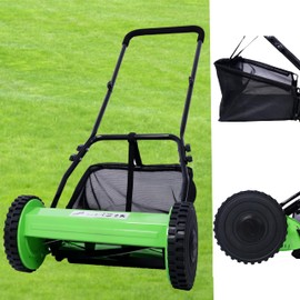 KEIKI 16-Inch Manual Lawn Mower, Push Reel Mowers w/Grass Catcher & Adjustable Cutting Height, 2-Wheels Small Lawnmower with 5 Steel Blades for Graden, Spaces Saving & Easy Assembly, Green