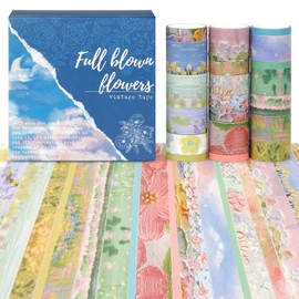NOGAMOGA 20 Rolls Vintage Washi Tape Set, 0.2/0.4/0.6/0.8/1 in Wide Flowers Decorative Adhesive Tapes for Journaling, Scrapbooking Supplies, Bullet Journals, Junk Journal, DIY Crafts (Blue)