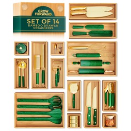 Grow Forward Bamboo Drawer Organizer Boxes - Set of 14 Wooden Drawer Organizers for Kitchen, Bathroom, Office, Desk, Vanity, Makeup - Non-Slip Junk Drawer Organizer Trays for Storage and Organization