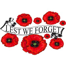 Poppy Montage with "Lest we forget" banner through the center Flower Decals Car Stickers Graphics Wall Window Decorations Art (300 x 200mm)