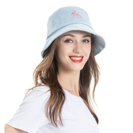 ZLYC Unisex Fashionable Embroidered Bucket Hat, Outdoor Summer Hat for Teenagers, Blue Flamingo