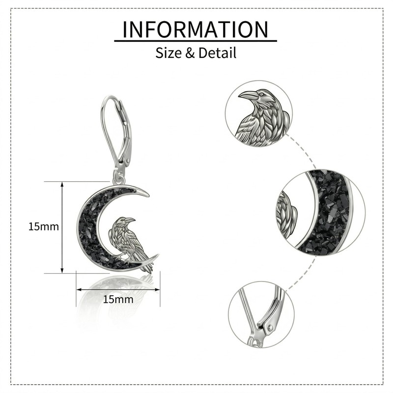 ONEFINITY Crow Earrings 925 Sterling Silver Black Moon Ravon Dangle