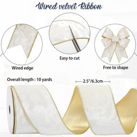 Arborus White and Gold Velvet Christmas Ribbon 2.5 Inch Christmas Tree Ribbon with Metallic Wired Edge Velvet Ribbon for Gift Wrapping Wreaths Garland Big Bow Crafts Supplies(2 Rolls, 20 Yards)