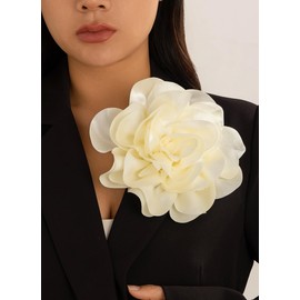 2PCS Rose Flower Brooches Lapel Pins 7.5in Dainty Satin Fabric Extra Large Rose Flower Brooches & 4.7in Elegant Silk Camellia Flower Brooch Pin (Beige)