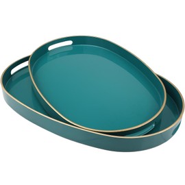 Omuriko Green Oval Decorative Tray with Handles, Set of 2 Versatile Serving Trays for Coffee Table, Ottoman, Ideal for Serving, Displaying, Organizing