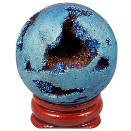 KYEYGWO Titanium Coated Agate Geode Ball Figure with Wooden Stand, Round Crystal Ball Sculpture Stone Sphere Fengshui Ornament Healing Stone Druzy Fortune Telling Ball House Decor, Blue