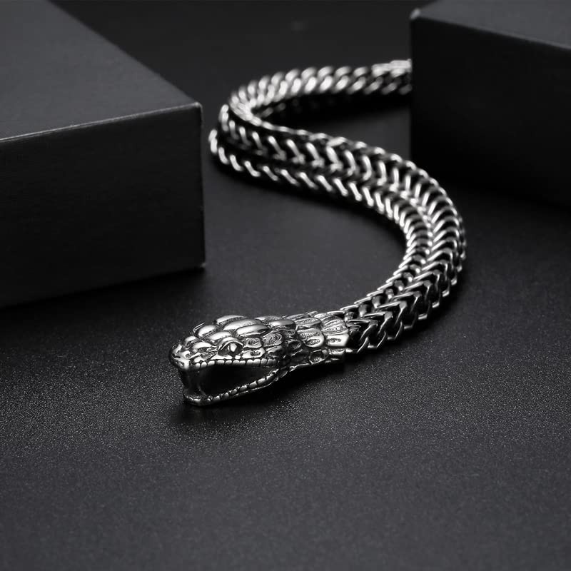 Klapgo Gothic Silver Snake Head Bracelet for Men