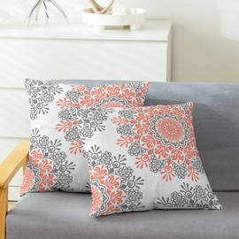 CaliTime Throw Pillow Cases Pack of 2 Cozy Fleece Asymmetrical Mandala Floral Compass Medallion Decorative Cushion Covers for Couch Bed Sofa Farmhouse Decoration 18 X 18 Inches Coral Pink Gray