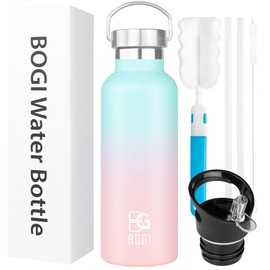 BOGI 600ml Double Wall Vacuum Insulated Stainless Steel Water Bottle-Scratch Resistance&Eco-Friendly for Outdoor Sports Yoga Camping,Straw Flip Cap+Cleaning Brush-1 Year Warranty(Green)