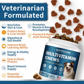 WONTECHMI Dog Multivitamin, Glucosamine Chondroitin for Dogs, Krill Oil, Probiotics, Dog Vitamins and Supplements for Heart, Hip & Joints, Immune Health, Digestion, Skin, Coat (180 Chews, Wagyu Beef)