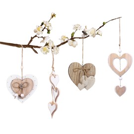 LERANXIN Set of 4 Hanging Wooden Window Decoration, Wooden Heart Window Decoration, Hanging Window Decoration in Heart Shape, Wooden Hearts for Hanging with Jute Cord, for Decoration of Windows