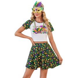 Leevuyu Women Mardi Gras Costume Outfits Crop Top Skirt Sets with Socks Mask Headband Necklace LYY026-2-XL