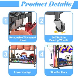 Garage Sports Equipment Storage Rack,Wheeled Sports Ball Storage Box,Double-Tier Double-Row Basketball Hoop Holds 16+ Balls,Ball Rack with Baseball Bat Holder and Hooks-Black