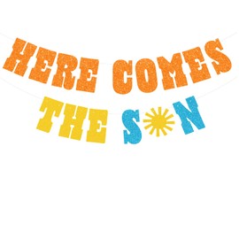 Banner pre-encordado Here Comes The Son – NO DIY – Decoraciones de baby shower – Banner de fiesta con purpurina para revelar género en escritura – Es un letrero de niño. ¿Mencionamos que no hay bricolaje?