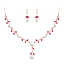 EVER FAITH CZ Crystal Elegant Leaf Vine Cream Artificial Pearl Pendant Jewellery Set Clear Pink Silver Tone, Cubic Zirconia, Cubic Zirconia