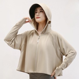 Lalapala Women's Rash Guard, UV Protection, Hoodie, Cool Touch, Summer, Thin, Long Sleeve, Hooded, UPF 50+, Sun Protection, UV Protection, Sweat Absorbent, Quick Drying, Breathable, Lightweight, Windproof, Stylish, Large Size, Outdoor (JP, Alphabet, Free Size, Khaki)
