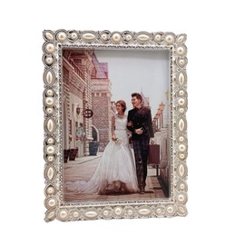 Xshelley 5 x 7 Inch Pearl Picture with Crystal Frame, Silver Plated with High Definition Glass Photo Frame, Pearls Inlaid with White Electroplated Shiny Silver Zinc Alloy Photo Frame for Weddings