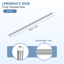 sourcing map 2Pcs M6-1.0x180mm Fully Threaded Rods, Threaded Rods Bar Studs, 304 Stainless Steel Long Thread Screws Hardware for U-Bolts, Anchors, Clamps, Hangers, Silver