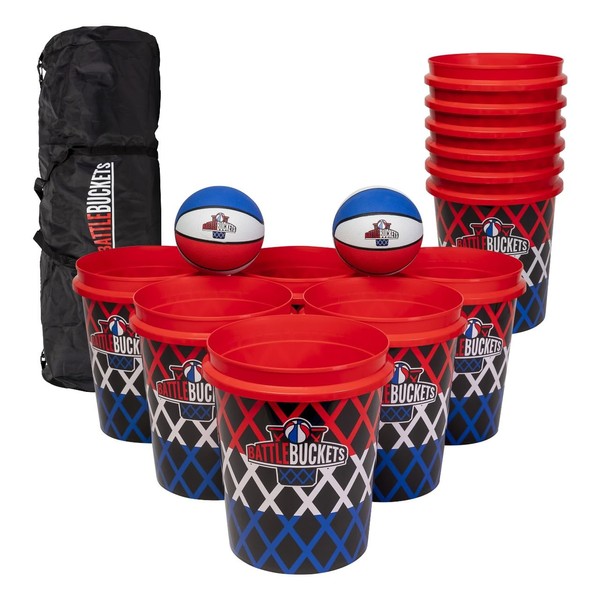 Battle Buckets Giant Yard Pong X Basket Ball Game with Durable Balls and Buckets - Outdoor Game for Lawn, Backyard and Beach - Set Includes Buckets, Basket Balls and a Carrying Bag