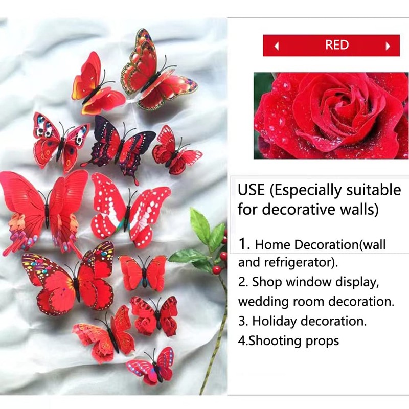 CL-Link 24PCS 3D Butterfly Wall Decals Red Double Layer Butterflies