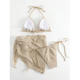 GORGLITTER - Traje de baño de 3 piezas para mujer con falda de playa, Caqui, M